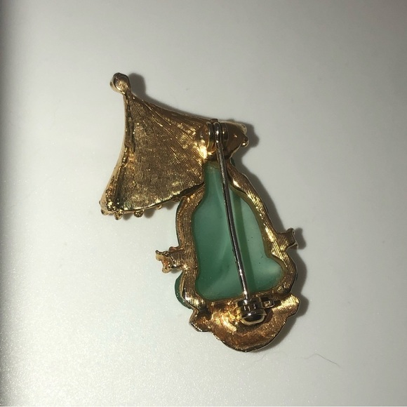 Vtg Jadeite Peking Glass Rhinestone Gold Tone Buddha  Brooch 1.7” - Picture 3 of 5